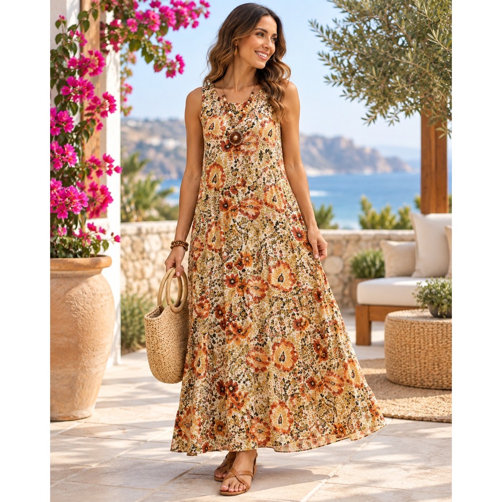 Womens L Boho Floral Maxi Dress Sleeveless Built In Necklace Cruise Resort